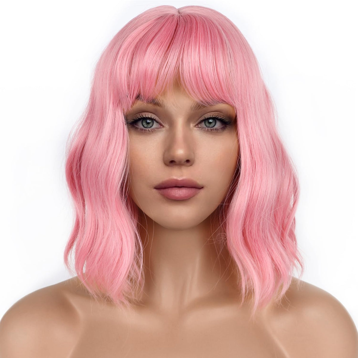 LANCAINI Pastel Bob Wig front view in pink with bangs