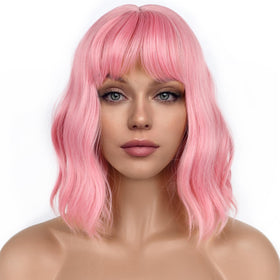 LANCAINI Pastel Bob Wig front view in pink with bangs