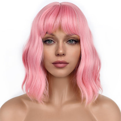 LANCAINI Pastel Bob Wig front view in pink with bangs