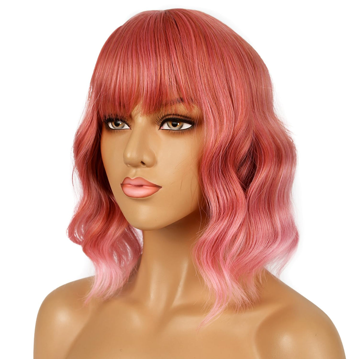 LANCAINI Short Bob Wig Dark Pastel Pink styled with loose waves