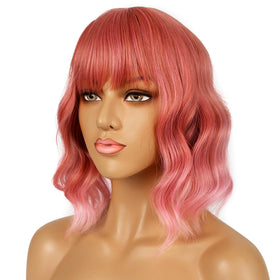 LANCAINI Short Bob Wig Dark Pastel Pink styled with loose waves