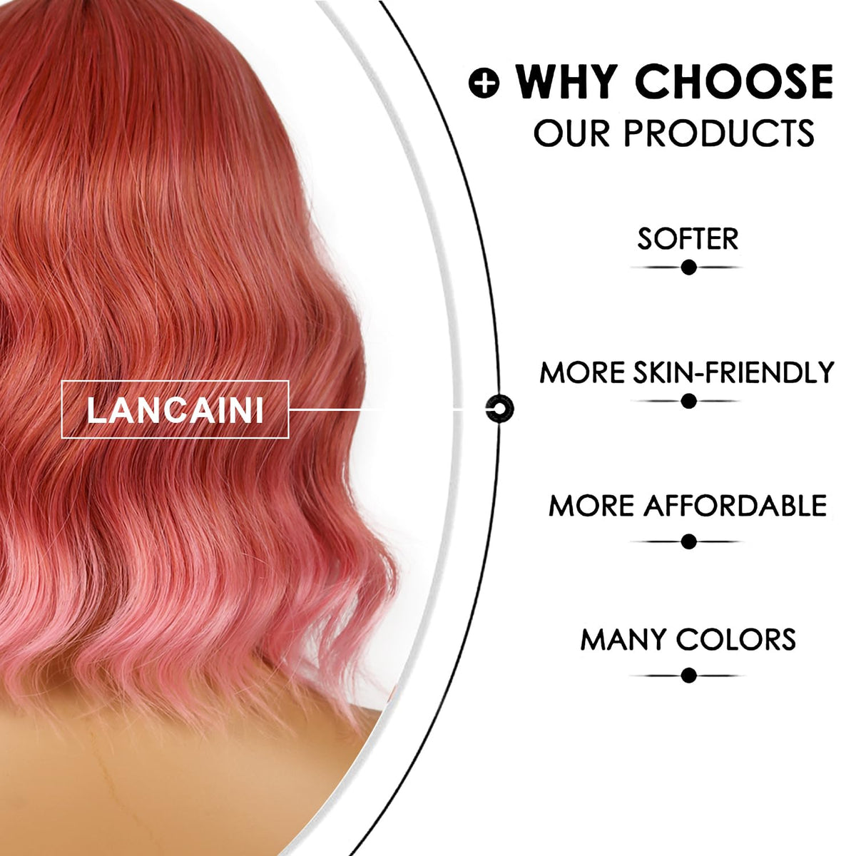 LANCAINI Short Bob Wig Dark Pastel Pink with bangs close-up