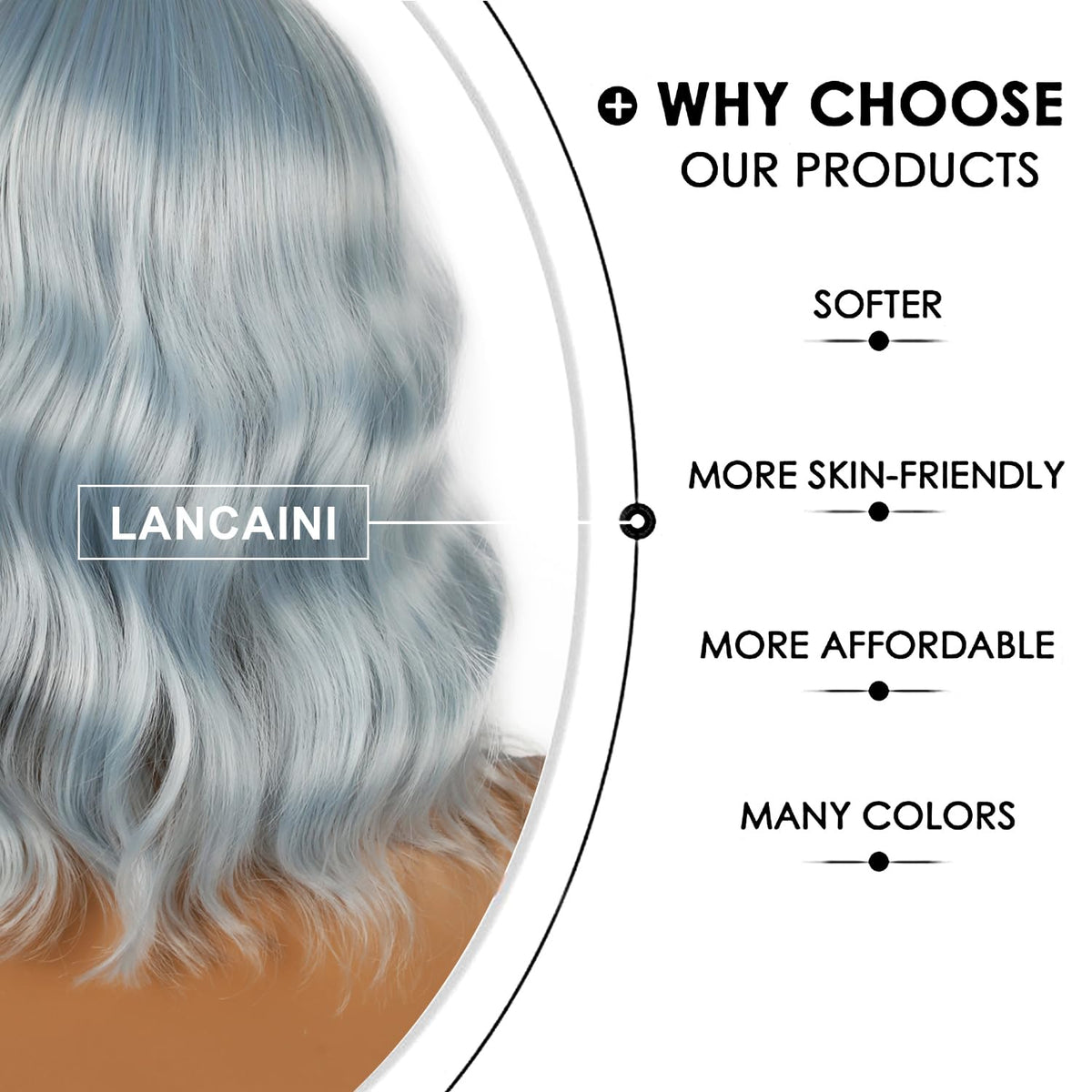 LANCAINI Short Bob Wig Ice Blue close-up of bangs