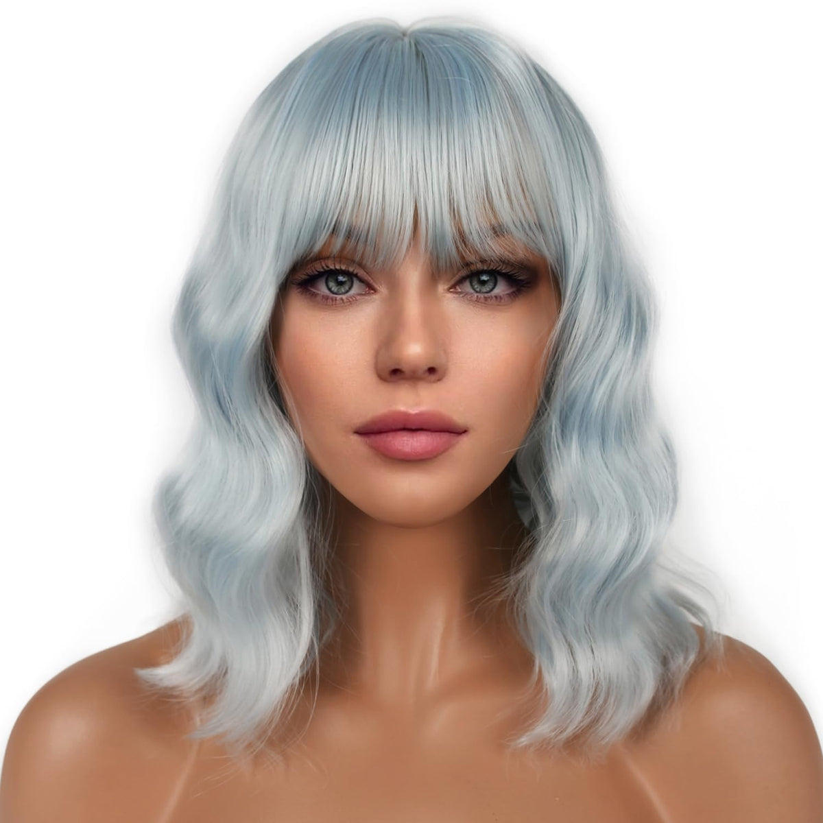 LANCAINI Short Bob Wig Ice Blue front view with loose waves