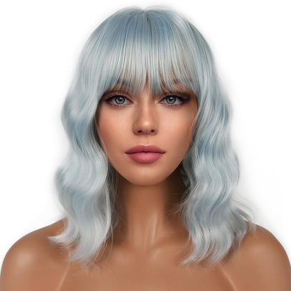LANCAINI Short Bob Wig Ice Blue front view with loose waves