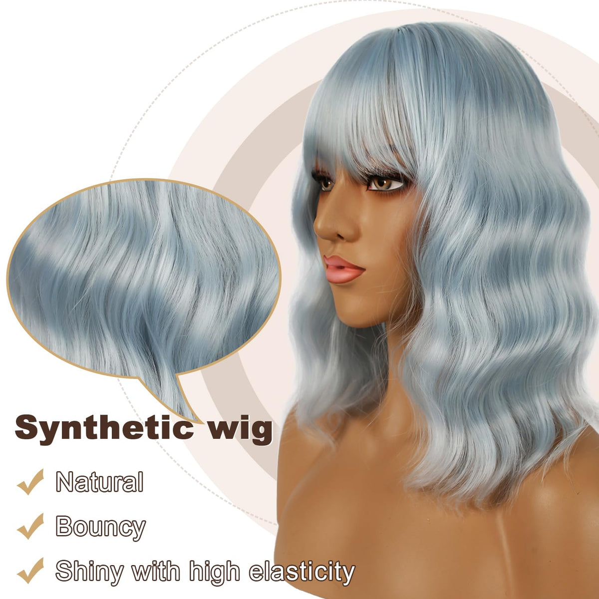LANCAINI Short Bob Wig Ice Blue side view showcasing bangs