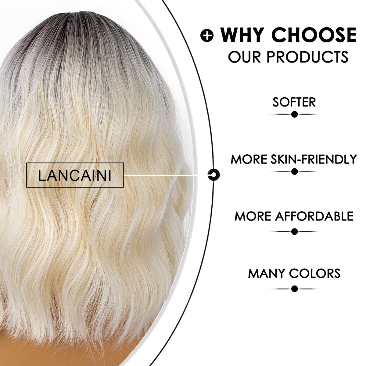 LANCAINI Short Bob Wig with Bangs close-up of bangs
