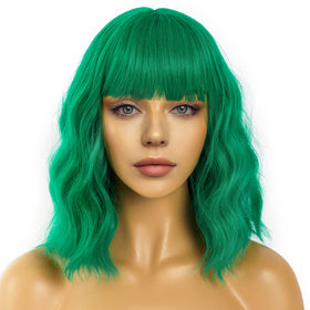 LANCAINI Short Bob Wig with Bangs in green front view