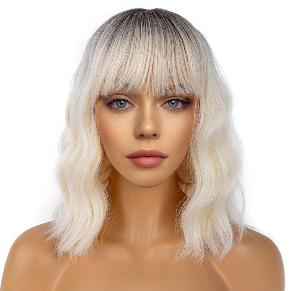 LANCAINI Short Bob Wig with Bangs in Light Blonde Ombre front view