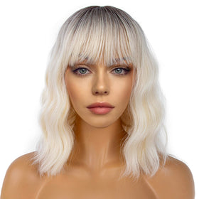 LANCAINI Short Bob Wig with Bangs in Light Blonde Ombre front view