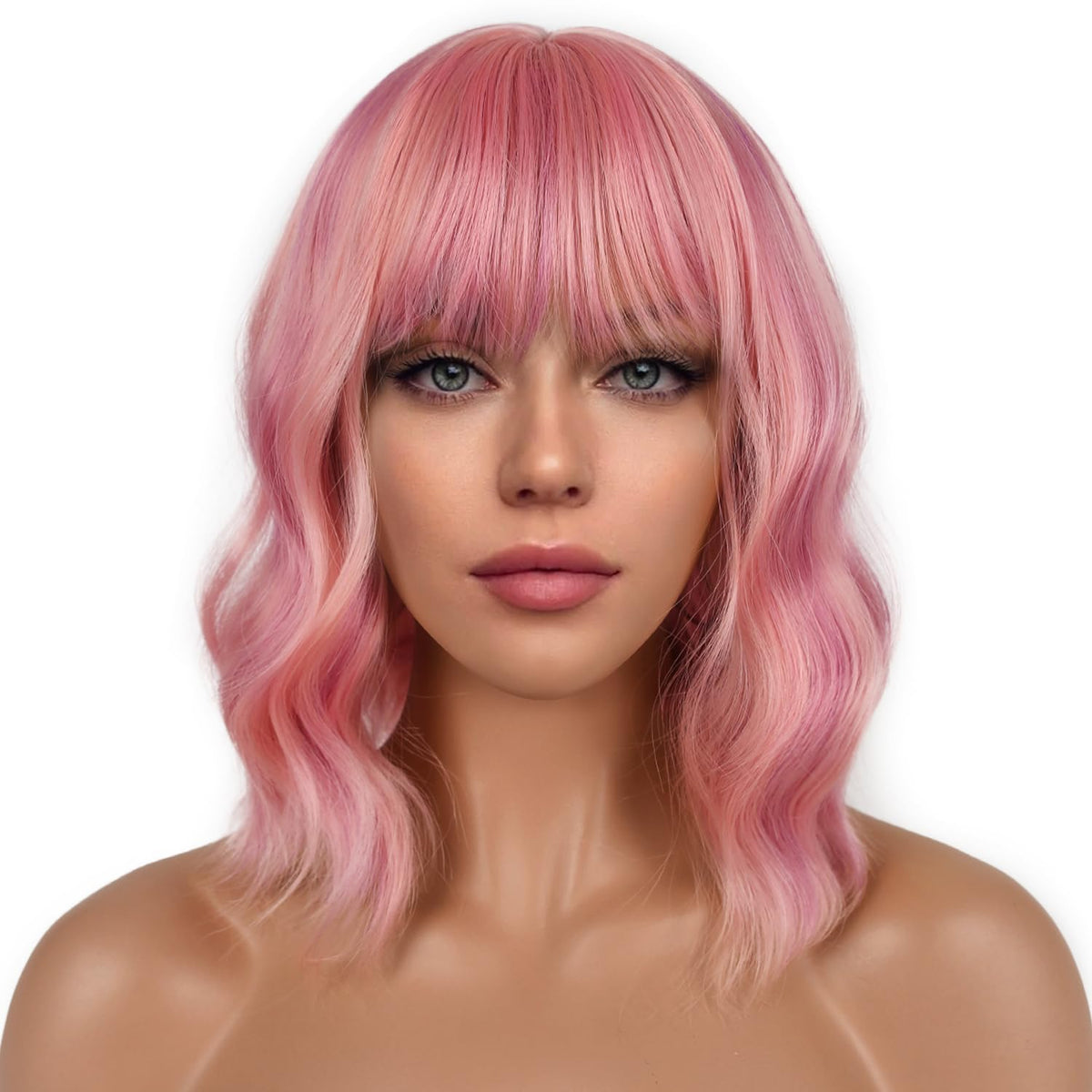 LANCAINI Short Bob Wig with Bangs in Lovely Pink front view