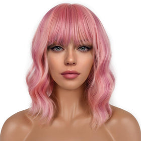 LANCAINI Short Bob Wig with Bangs in Lovely Pink front view