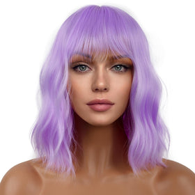 LANCAINI Short Bob Wig with Bangs in purple front view