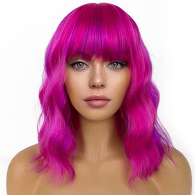 LANCAINI Short Bob Wig with Bangs in rose mixed purple front view