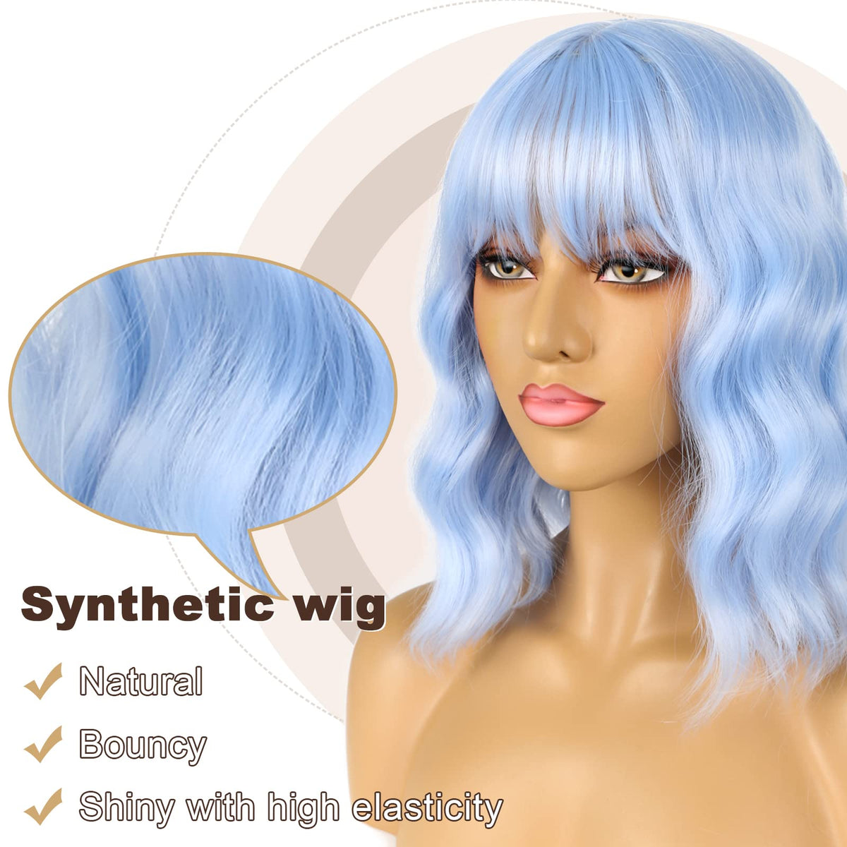 LANCAINI Short Bob Wig with Bangs Light Blue back view