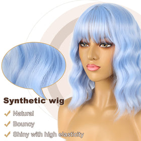 LANCAINI Short Bob Wig with Bangs Light Blue back view