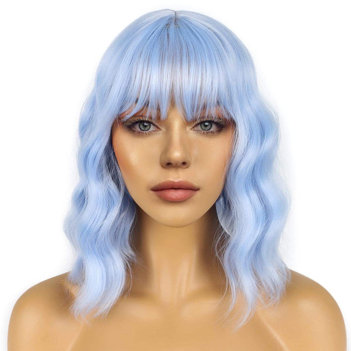 LANCAINI Short Bob Wig with Bangs Light Blue front view