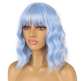 LANCAINI Short Bob Wig with Bangs Light Blue side view