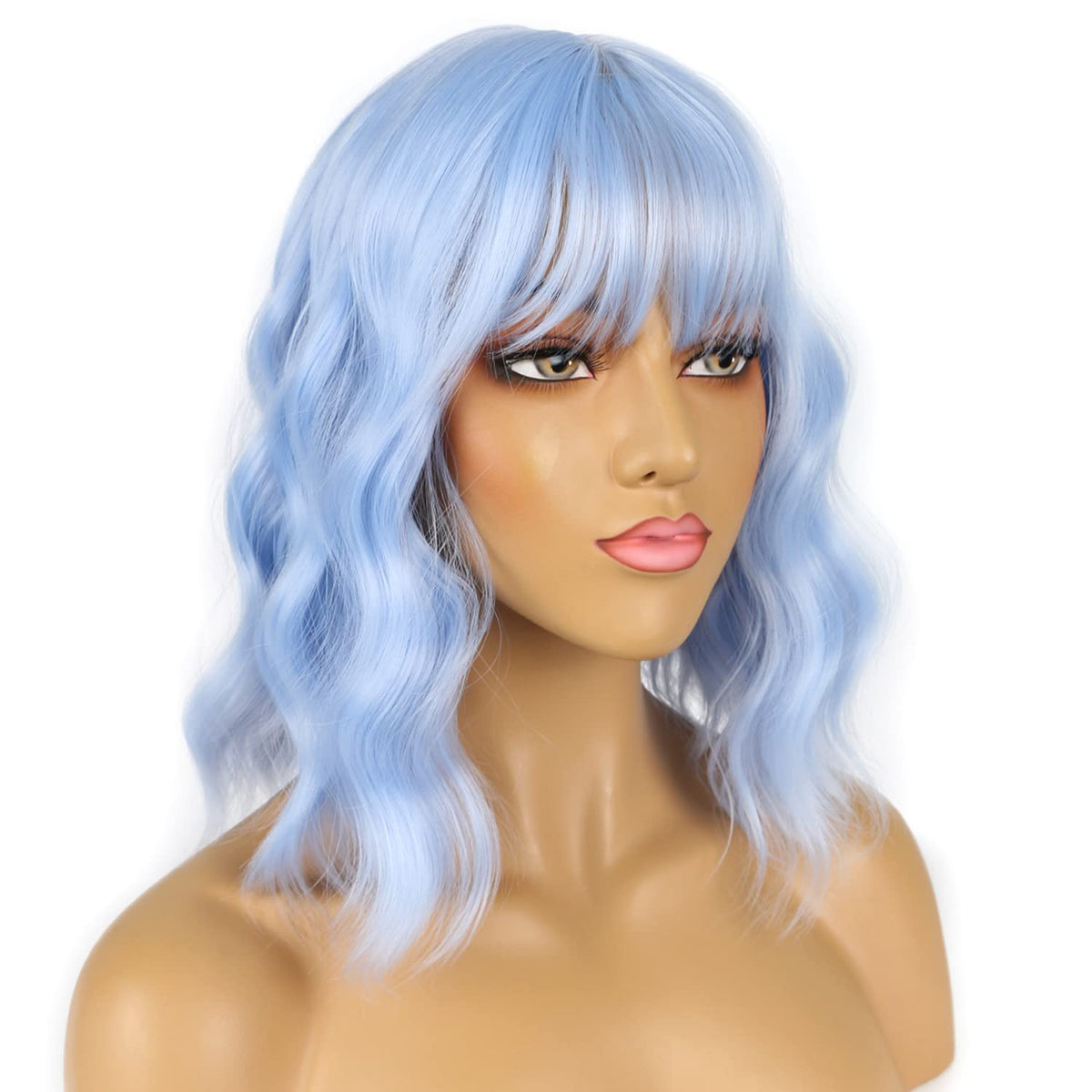 LANCAINI Short Bob Wig with Bangs Light Blue styled