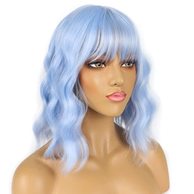 LANCAINI Short Bob Wig with Bangs Light Blue styled