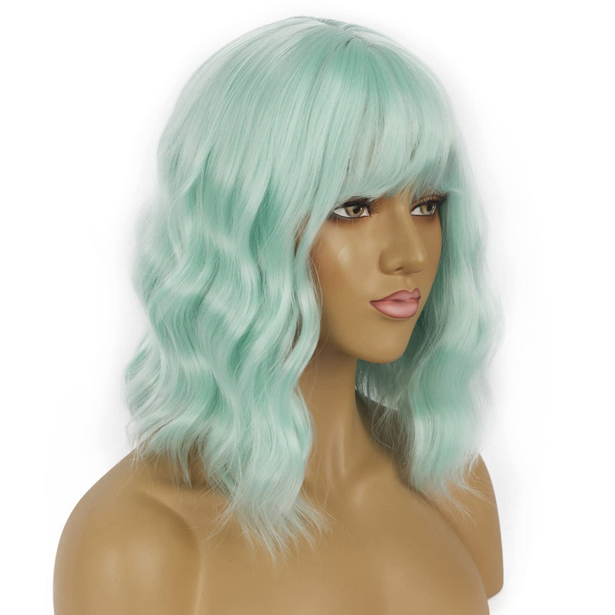 LANCAINI Short Bob Wig with Bangs Mint Green on mannequin