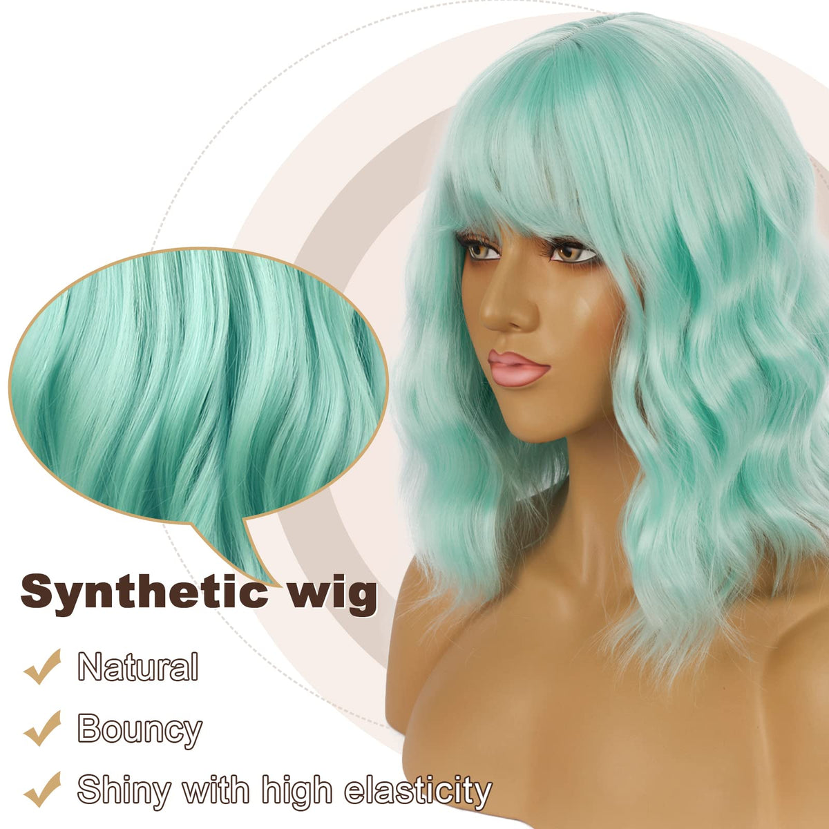 LANCAINI Short Bob Wig with Bangs Mint Green side view