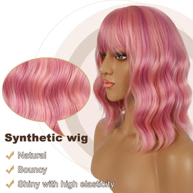 LANCAINI Short Bob Wig with Bangs side view showing loose waves