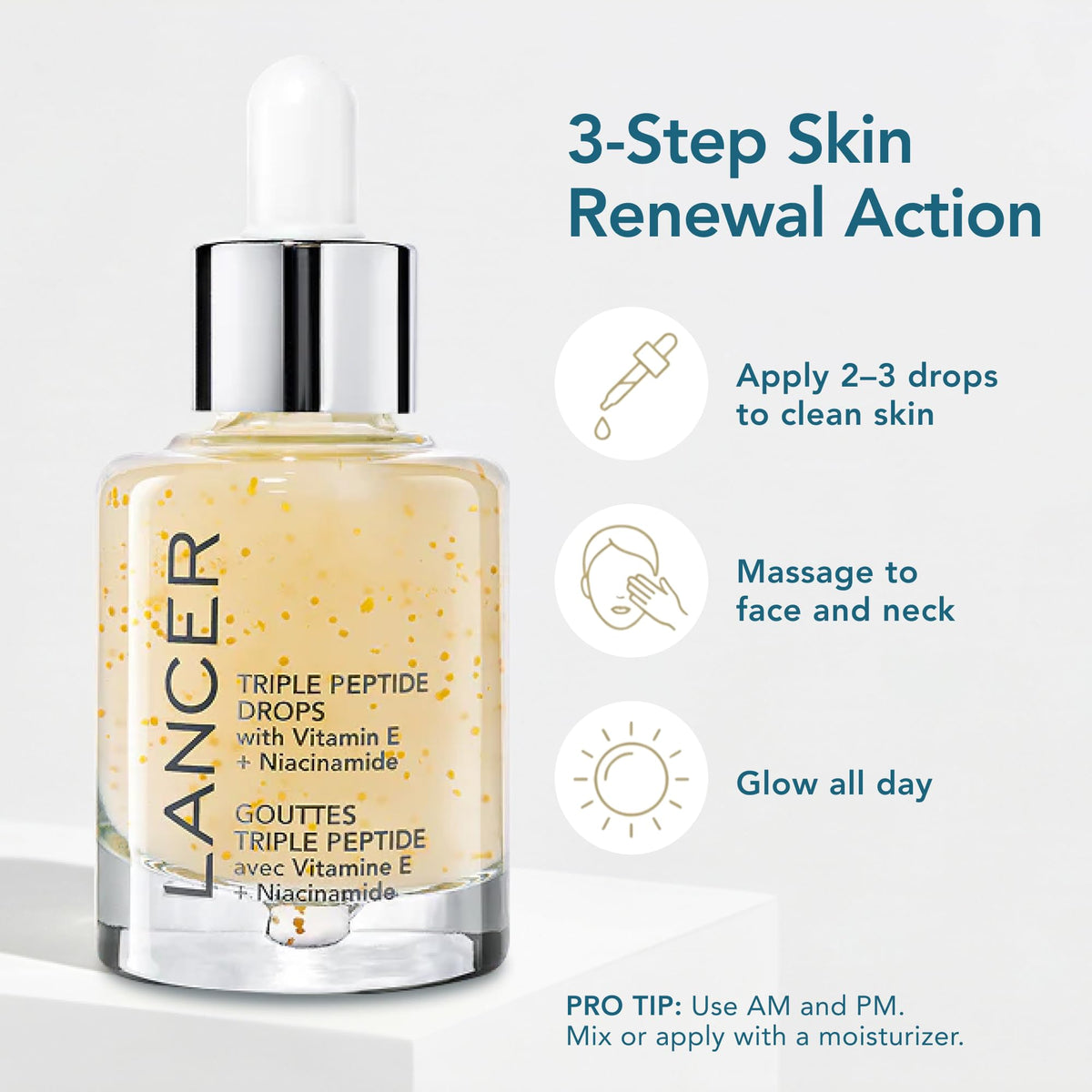 Lancer Triple Peptide Drops Serum on vanity with skincare products