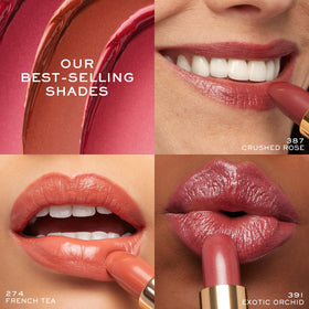 Lancôme L'Absolu Rouge lipstick with floral background