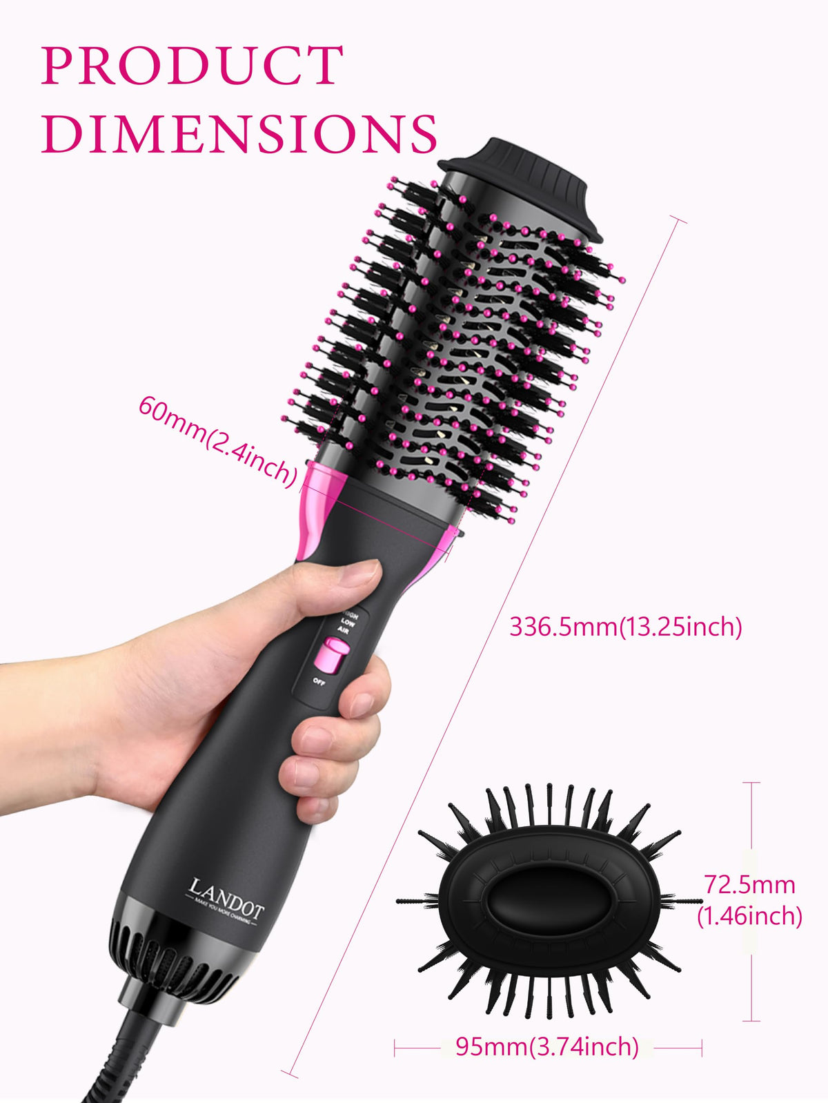 LANDOT Hair Blow Dryer Brush 60mm with ergonomic handle