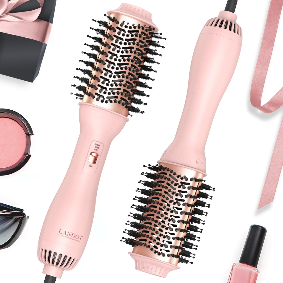 LANDOT Hair Blow Dryer Brush front view with oval barrel