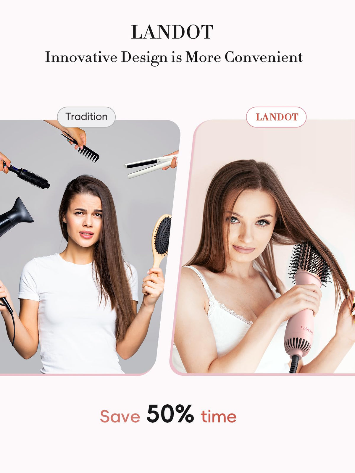 LANDOT Hair Blow Dryer Brush side view showing bristles