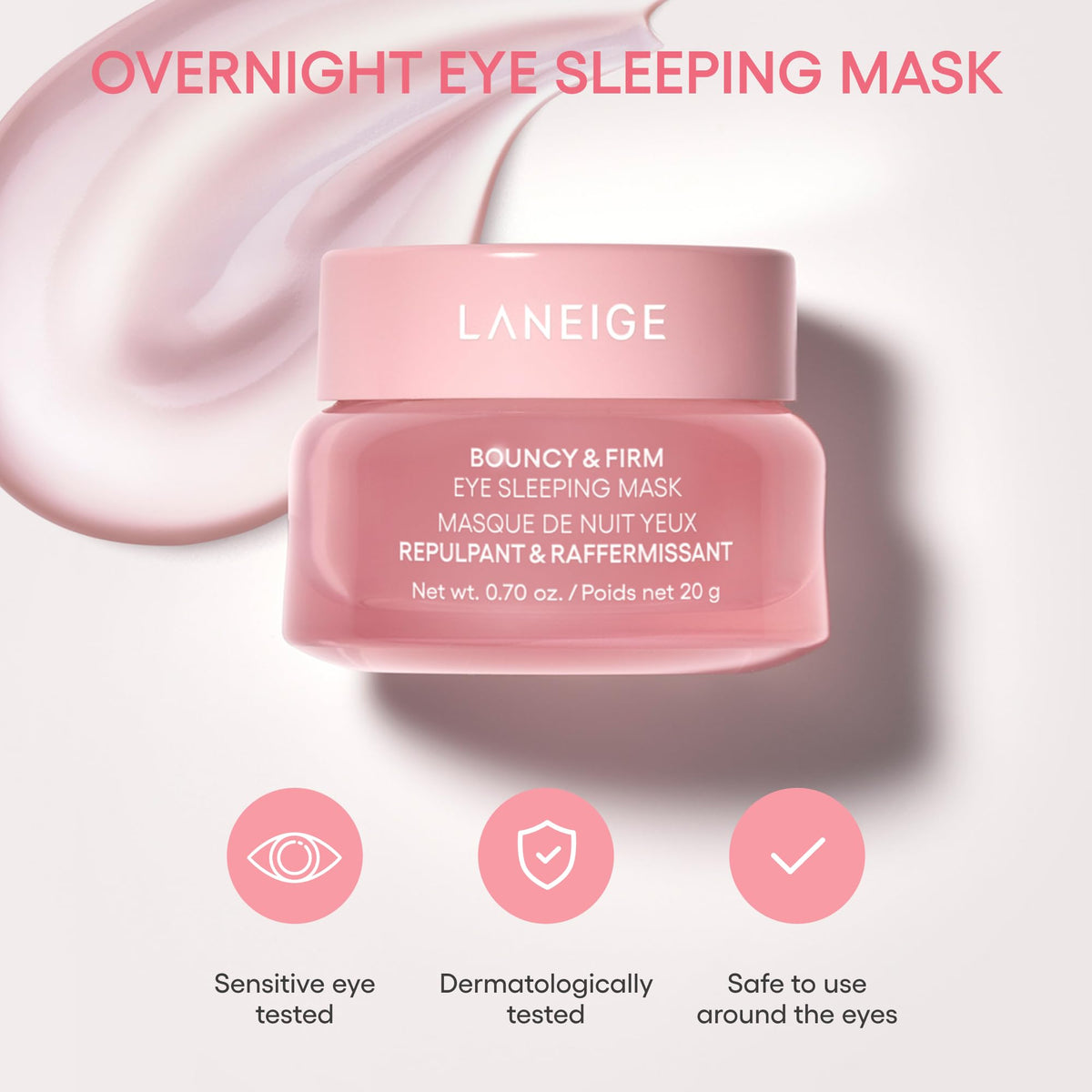 LANEIGE Bouncy & Firm Eye Sleeping Mask texture on a fingertip