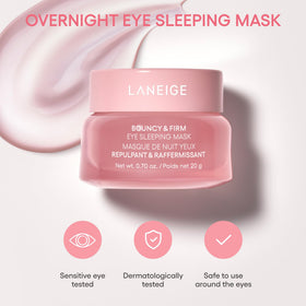 LANEIGE Bouncy & Firm Eye Sleeping Mask texture on a fingertip
