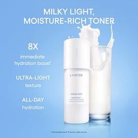 LANEIGE Cream Skin Toner with ingredients displayed on a flat lay