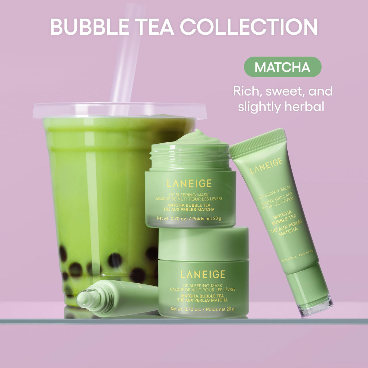 LANEIGE Lip Glowy Balm Matcha Bubble Tea tube close-up