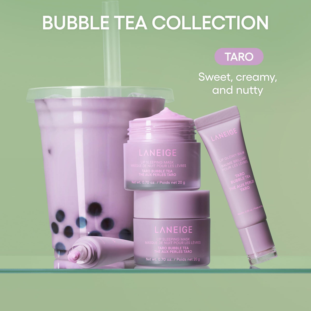 LANEIGE Lip Glowy Balm Taro Bubble Tea on a vanity