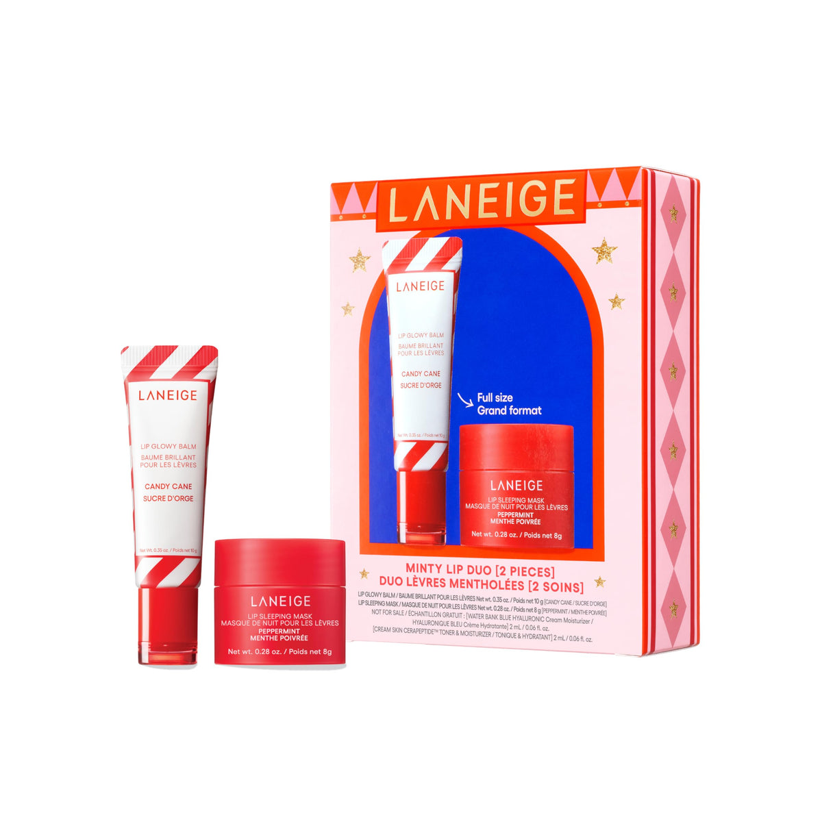 LANEIGE Minty Lip Duo packaging featuring Peppermint Mask and Candy Cane Balm