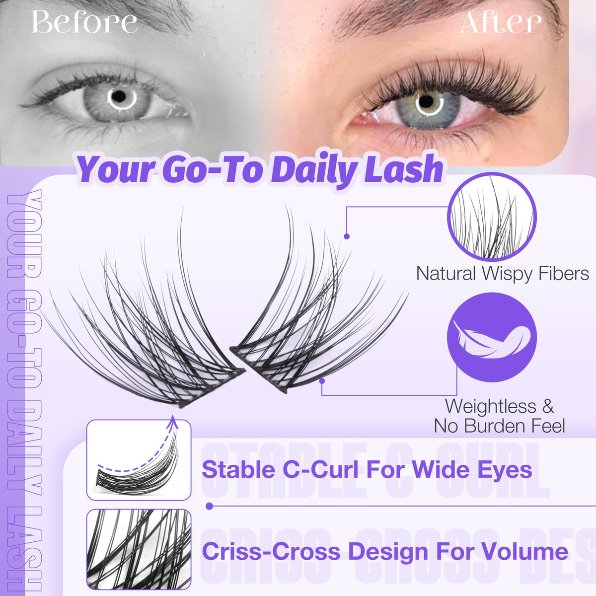 LANFLOWER 144pcs C Curved Lash Clusters close-up