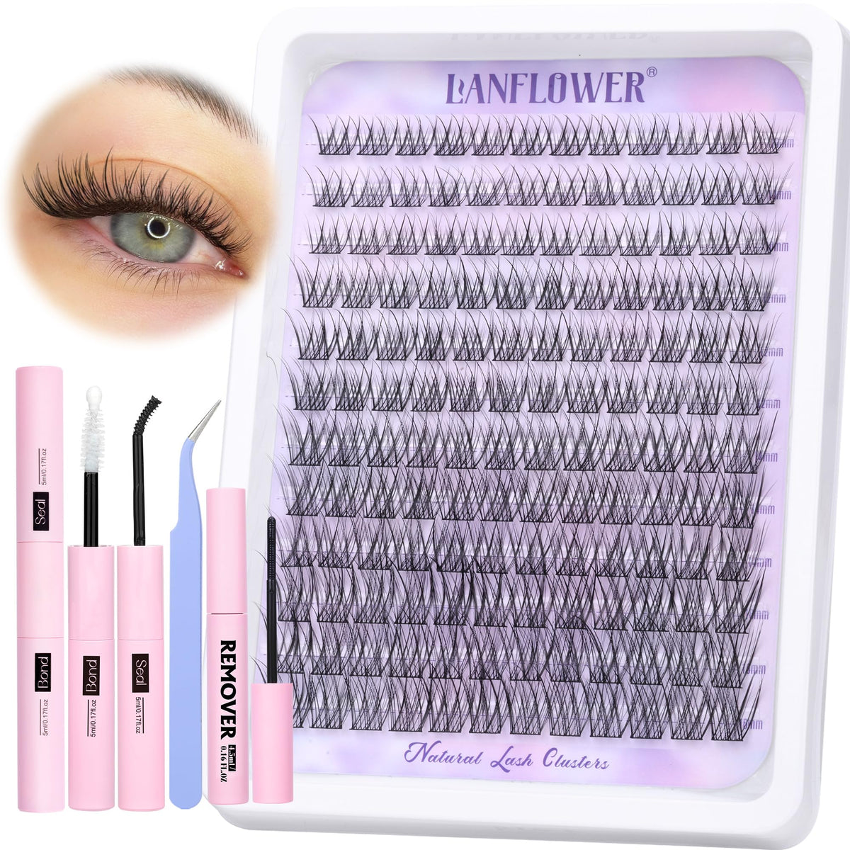 LANFLOWER Natural Lash Clusters Kit front view with lash bond and seal