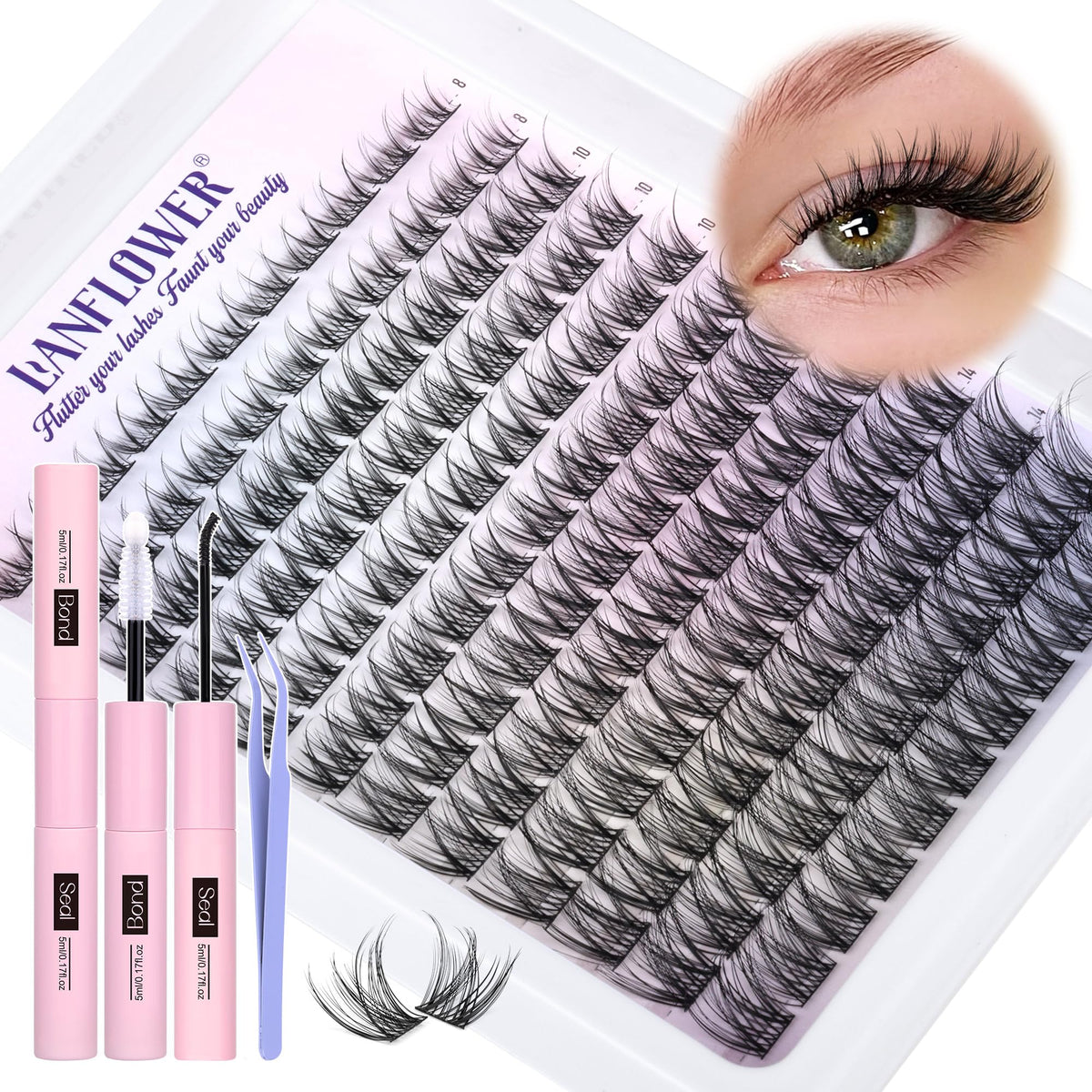 LANFLOWER Natural Lash Clusters Kit front view with various lash lengths