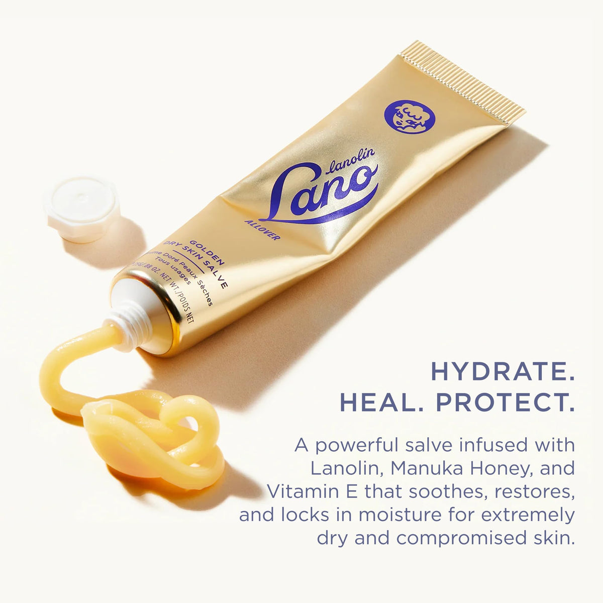 Lanolips Golden Dry Skin Salve 25g open showing the ointment texture