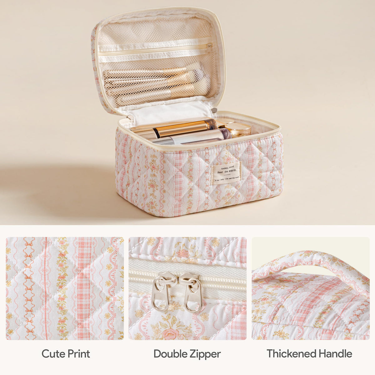 Large HBselect makeup bag showing double zipper and stitching