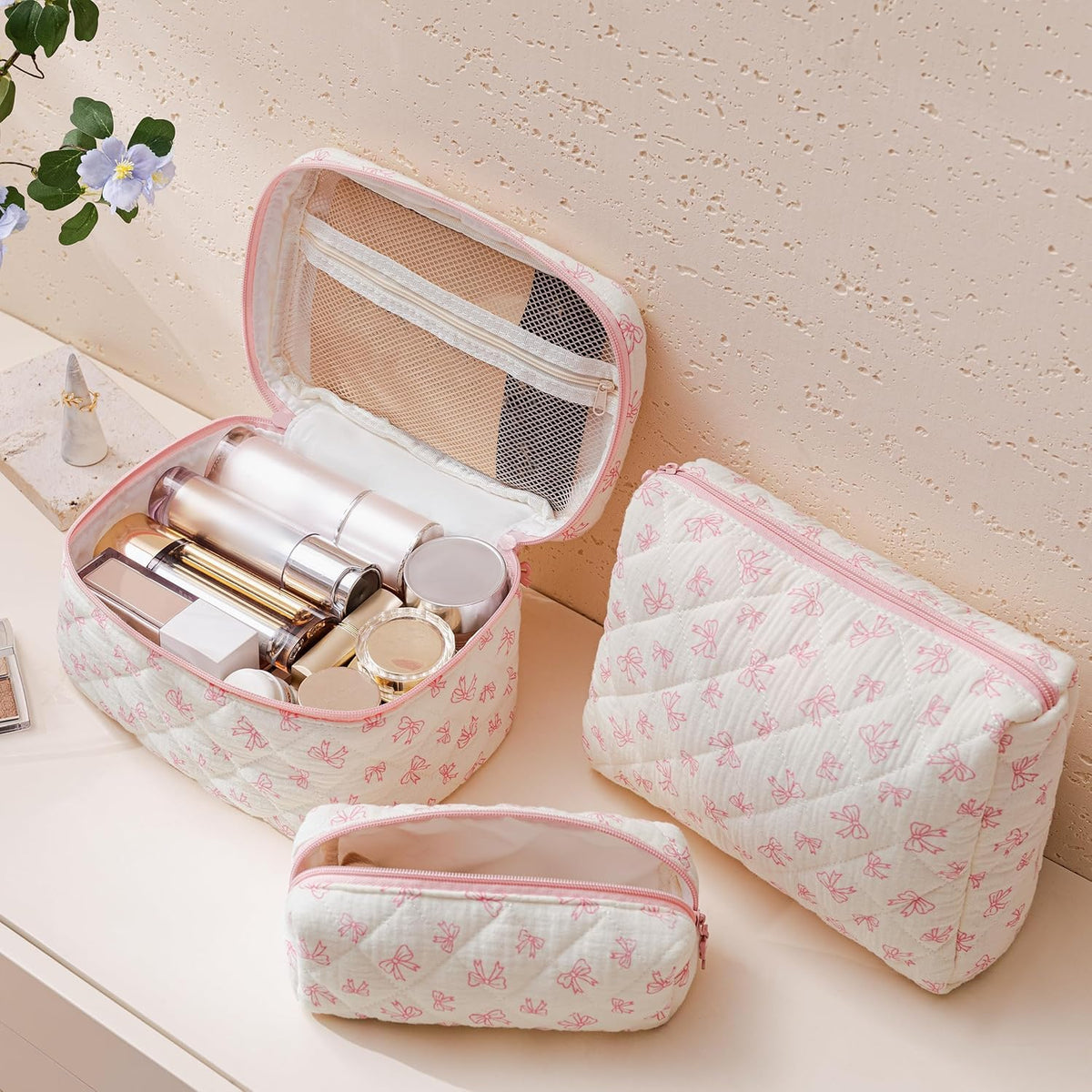 Large HBselect makeup bag with double zipper and floral pattern