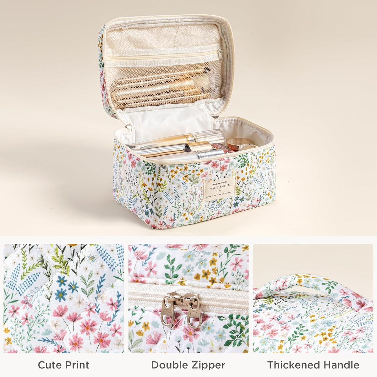 Large HBselect quilted makeup bag open showing storage