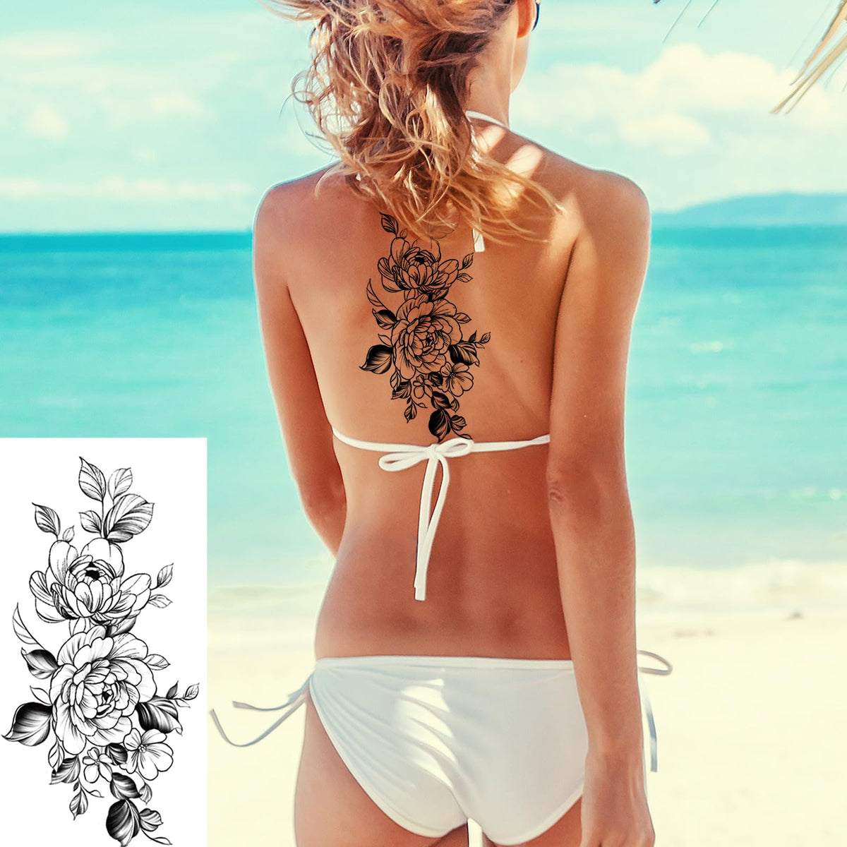 Large peony flower temporary tattoo design