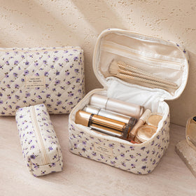 Large size HBselect Quilted Makeup Bag open showing storage