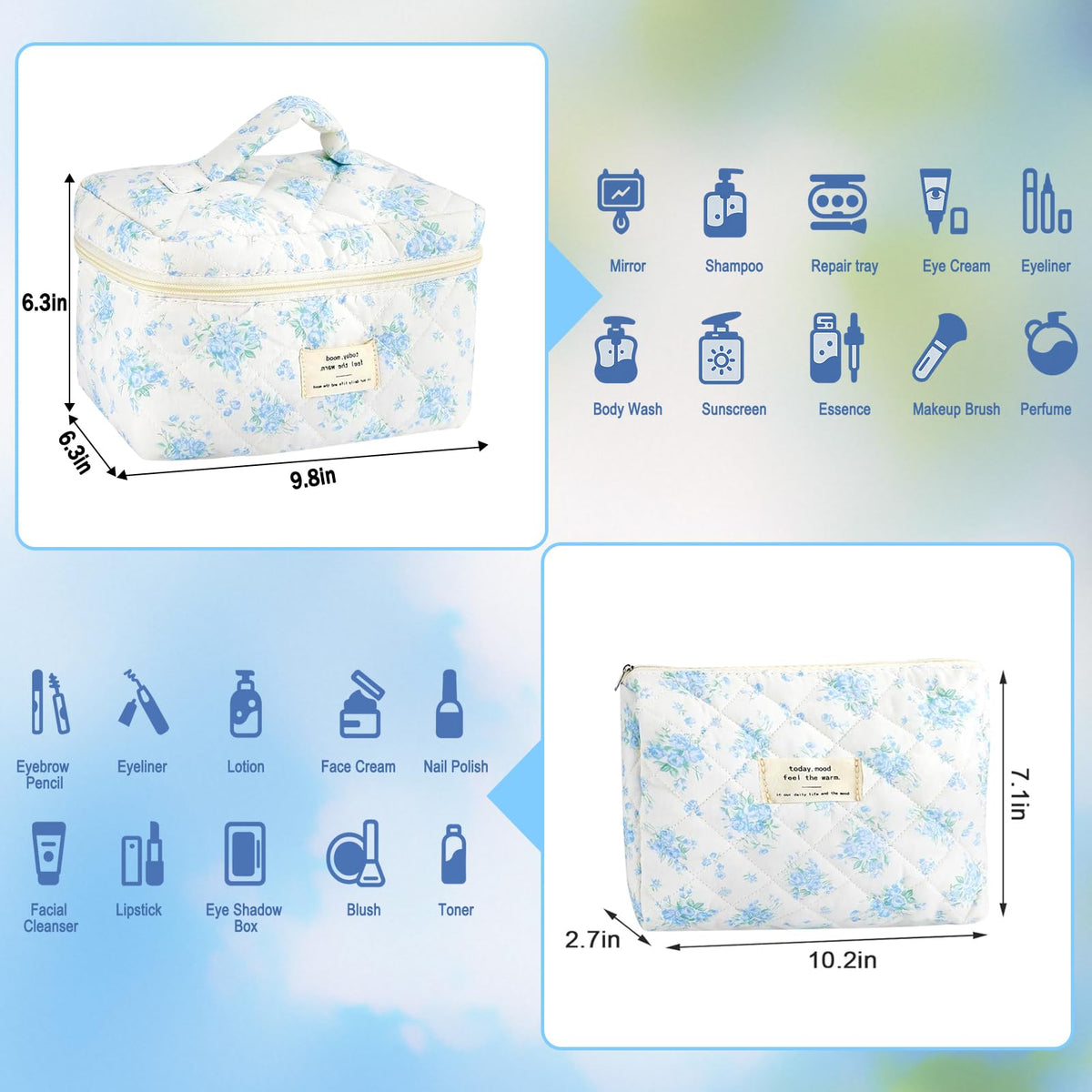 Large URSKYTOUS quilted makeup bag with zipper