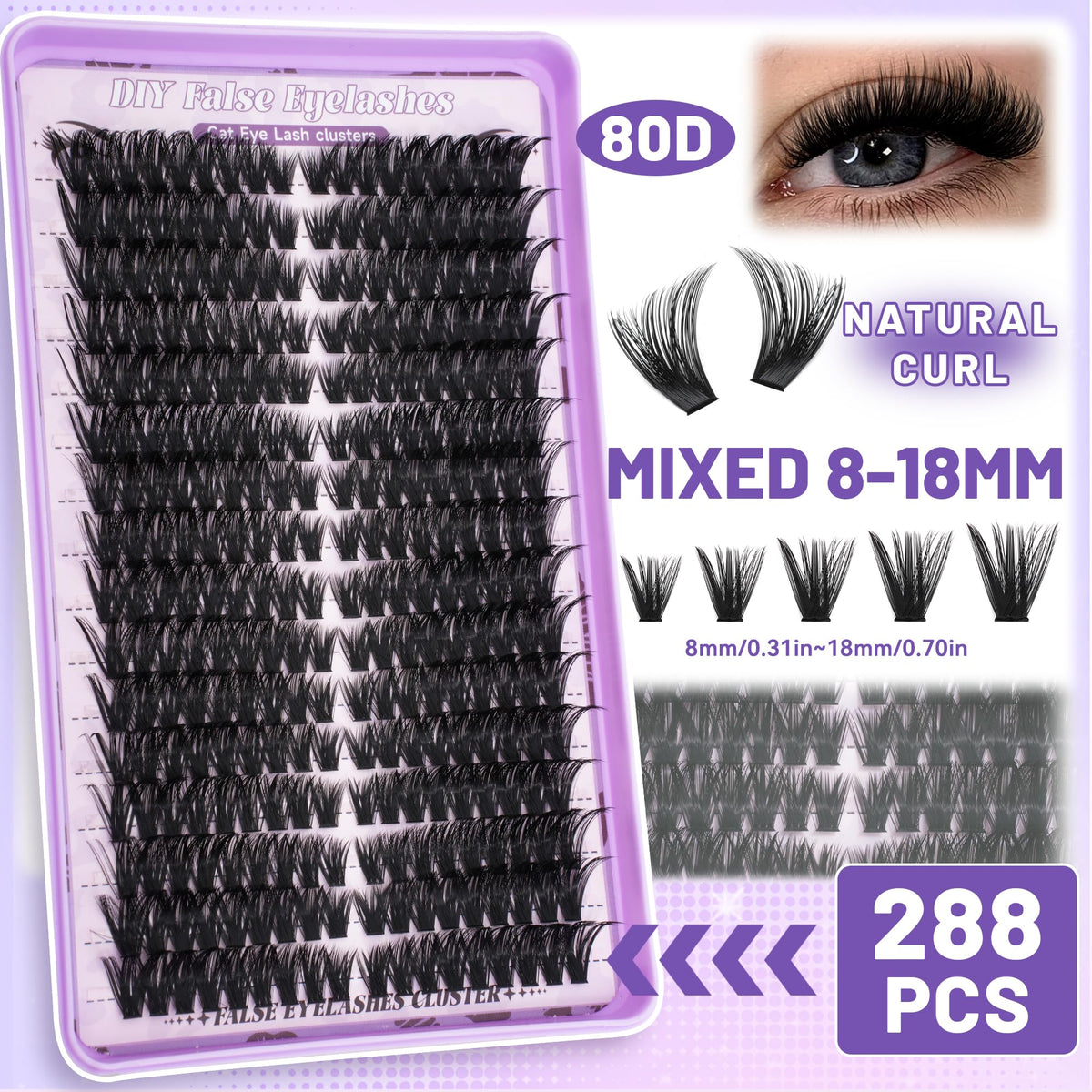 Lashes arranged in a gradient from 8mm to 18mm