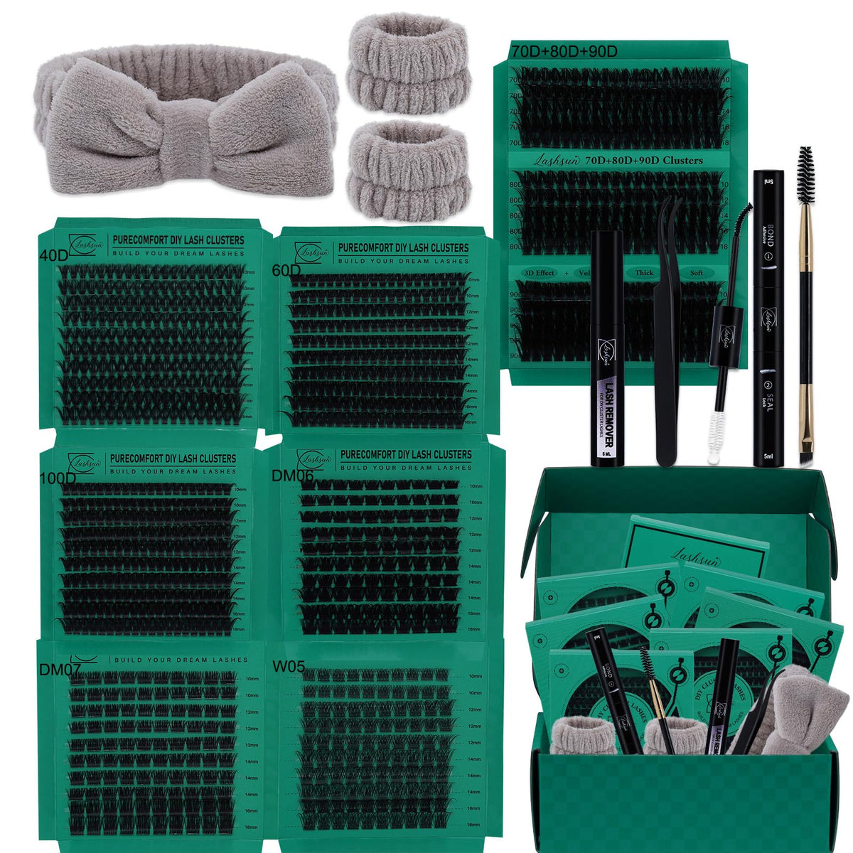 LASHSUN Lash Clusters Kit with 7 boxes of lashes and tools